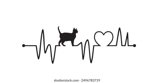 Heartbeat line with Havana Brown Cat silhouette, Cat and Heartbeat frequency with Heart Love illustration