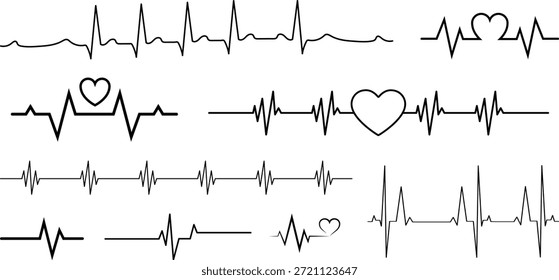 Heartbeat Line With Heart Icon Set, ECG Pulse Medical Love Symbol Vector.
