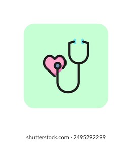 Icono de línea de latido. Cardiólogo, doctor, corazón, estetoscopio. Concepto de medicina. Se puede utilizar para temas como enfermedades del corazón, cardiología, inspección médica