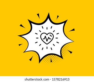 Heartbeat line icon. Comic speech bubble. Medical hear beat sign. Medicine symbol. Yellow background with chat bubble. Heartbeat icon. Colorful banner. Vector