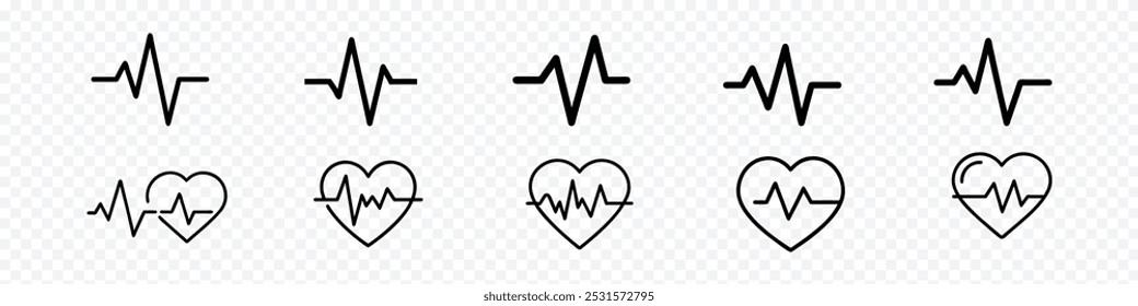 Icono de la línea del latido del corazón, iconos del corazón fijados. Icono de latidos. Signos médicos del corazón. Conjunto de iconos de latido cardíaco. Latidos cardíacos, corazones y cardiograma. pulso cardíaco 