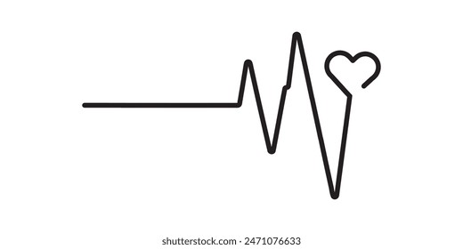 Heartbeat line icon, silhouette. Heart beat wave. Heartbeat sign in flat design. ECG, EKG cardiogram silhouette line icon. Heartbeat graph vector. Vector illustration.