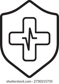 Heartbeat line inside cross and shield outline icon. Medical health symbol. Healthcare protection concept. Modern flat design.