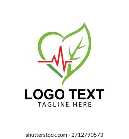 Línea del latido del corazón dentro del logotipo verde de la forma de la hoja aislado en el fondo blanco