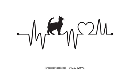 Heartbeat line with Japanese Bobtail Cat silhouette, Cat and Heartbeat frequency with Heart Love illustration
