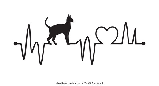 Heartbeat line with Korat Cat silhouette, Cat and Heartbeat frequency with Heart Love illustration