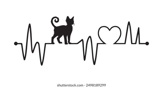 Heartbeat line with Lykoi Cat silhouette, Cat and Heartbeat frequency with Heart Love illustration