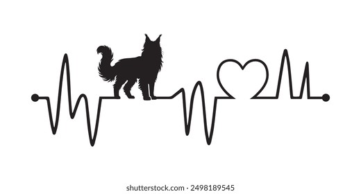 Heartbeat line with Maine Coon Cat silhouette, Cat and Heartbeat frequency with Heart Love illustration