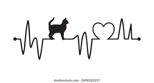 Heartbeat line with Manx Cat silhouette, Cat and Heartbeat frequency with Heart Love illustration