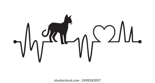 Heartbeat line with Ocicat Cat silhouette, Cat and Heartbeat frequency with Heart Love illustration