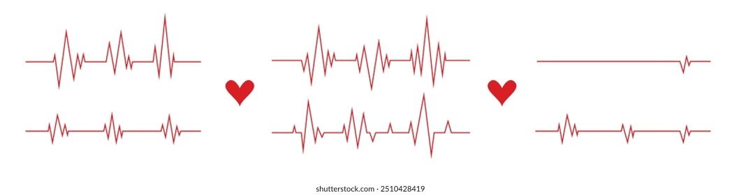 Heartbeat line. Pulse cardiogram Icons of heart beat. Ecg Electrocardiogram with healthy rhythm, cardio attack, ischemia, infarction. Symbol for cardiac. Vector illustration