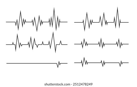 Heartbeat line. Pulse cardiogram Icons of heart beat. Ecg Electrocardiogram with healthy rhythm, cardio attack, ischemia, infarction. Symbol for cardiac. Vector illustration