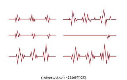 Línea de latidos. Pulso cardiograma Iconos de latidos cardíacos. Electrocardiograma con ritmo saludable, ataque cardiaco, isquemia, infarto. Símbolo para el corazón. Ilustración vectorial