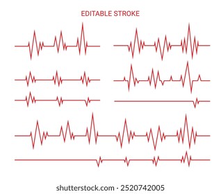 Heartbeat line. Pulse cardiogram Icons of heart beat. Ecg Electrocardiogram with healthy rhythm, cardio attack, ischemia, infarction. Symbol for cardiac. Vector illustration