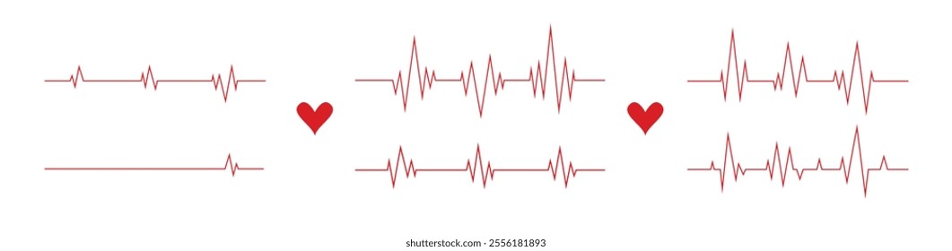 Heartbeat line. Pulse cardiogram Icons of heart beat. Ecg Electrocardiogram with healthy rhythm, cardio attack, ischemia, infarction. Symbol for cardiac. Vector illustration