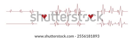 Heartbeat line. Pulse cardiogram Icons of heart beat. Ecg Electrocardiogram with healthy rhythm, cardio attack, ischemia, infarction. Symbol for cardiac. Vector illustration