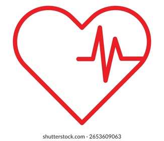 Heartbeat Line in Red Heart Icon Medical and Cardiology Clipart for Health Monitoring Graphics, Vector EPS Fully Editable File.