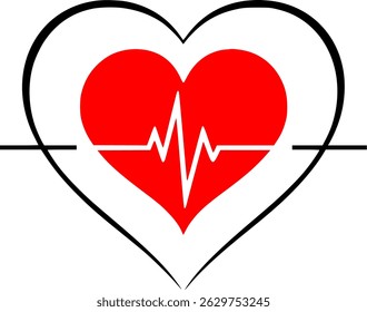 Heartbeat Line in Red Heart with Outline Heart Shape – Medical, Cardiology, Healthcare, and Fitness Vector Icon