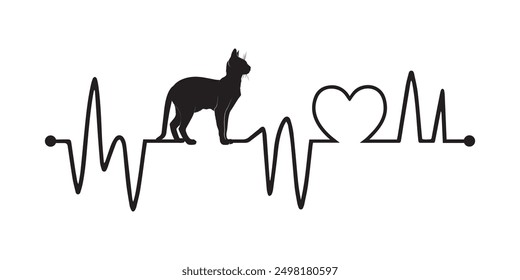 Heartbeat line with Russian Blue Cat silhouette, Cat and Heartbeat frequency with Heart Love illustration
