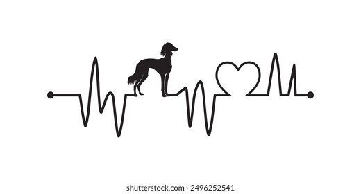 Heartbeat line with Saluki Dog silhouette, Dog and Heartbeat frequency with Heart Love illustration vector