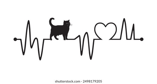 Línea del latido del corazón con la silueta escocesa del gato del doblez, gato y frecuencia del latido del corazón con la ilustración del amor del corazón