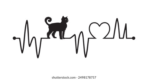 Heartbeat line with Selkirk Rex Cat silhouette, Cat and Heartbeat frequency with Heart Love illustration