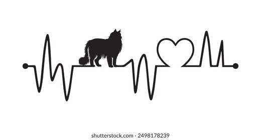 Heartbeat line with Siberian Cat silhouette, Cat and Heartbeat frequency with Heart Love illustration