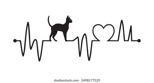 Heartbeat line with Singapura Cat silhouette, Cat and Heartbeat frequency with Heart Love illustration
