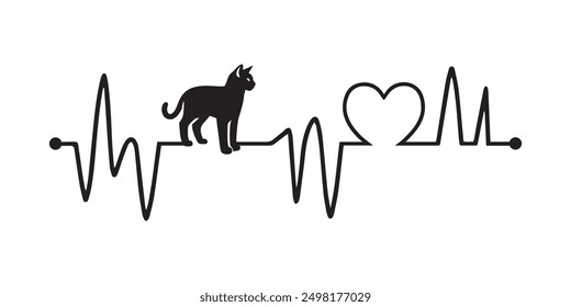 Heartbeat line with Sokoke Cat silhouette, Cat and Heartbeat frequency with Heart Love illustration