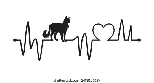 Heartbeat line with Somali Cat silhouette, Cat and Heartbeat frequency with Heart Love illustration