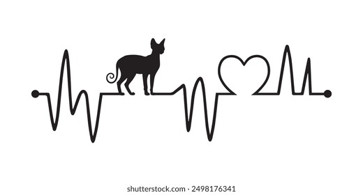 Heartbeat line with Sphynx Cat silhouette, Cat and Heartbeat frequency with Heart Love illustration