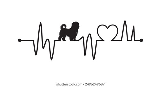 Línea del latido del corazón con la silueta tibetana del perro del Terrier, perro y frecuencia del latido del corazón con el Vector de la ilustración del amor del corazón
