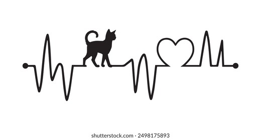 Heartbeat line with Tonkinese Cat silhouette, Cat and Heartbeat frequency with Heart Love illustration