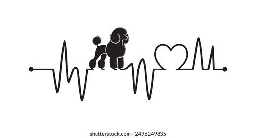 Herzschlag Linie mit Spielzeug Pudel Hund Silhouette, Hund und Herzschlag Frequenz mit Herz Liebe Illustration Vektor
