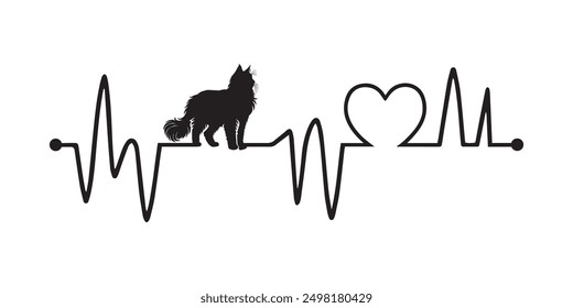 Heartbeat line with Turkish Van Cat silhouette, Cat and Heartbeat frequency with Heart Love illustration