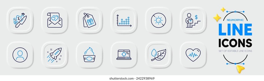 Heartbeat, Love letter and Delivery man line icons for web app. Pack of Vegetable, Seo laptop, Leaf dew pictogram icons. Dot plot, Ice cream, Startup rocket signs. No sun, Coupons, Headshot. Vector