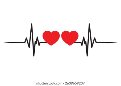 Heartbeat Love Line with Double Red Hearts – Romantic ECG Vector Design