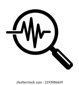 Heartbeat in magnifying glass icon. Cardiology symbol, magnifying glass on electrocardiogram. Medical pressure sign. Vector icon.