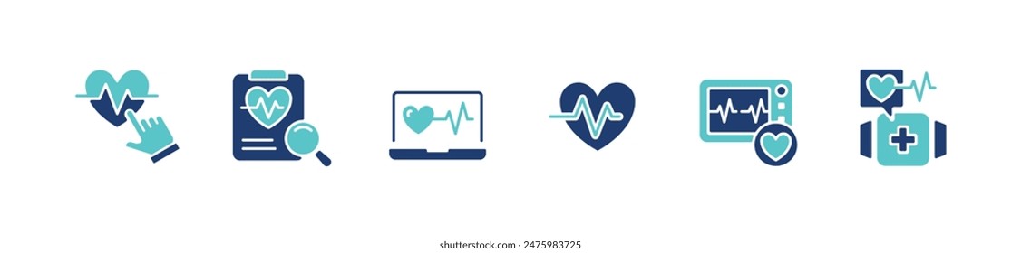 heartbeat monitoring cardiology diagnosis icon set cardiogram heart pulse medicals care vector illustration for web and app