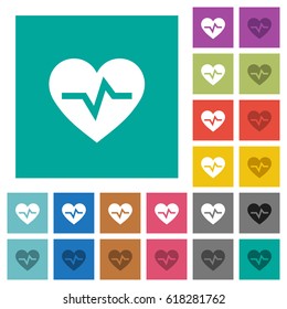 Heartbeat multi colored flat icons on plain square backgrounds. Included white and darker icon variations for hover or active effects.