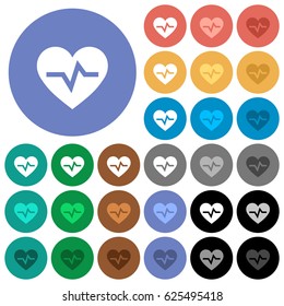 Heartbeat multi colored flat icons on round backgrounds. Included white, light and dark icon variations for hover and active status effects, and bonus shades on black backgounds.