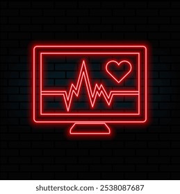 Heartbeat neon icon set. Glowing heart with pulse sign. Vector illustration.