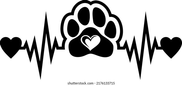 latido de corazón con huella de pata y corazones. Diseño para los amantes del gato y del perro.