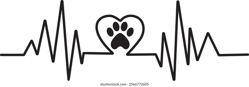 Heartbeat with paw print and hearts design for cat and dog lovers