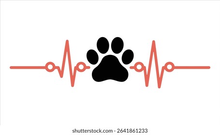 Heartbeat with Paw Print Vector Icon. Pet Care and Veterinary Love Symbol.	
