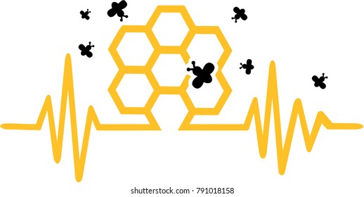 Heartbeat pulse with honeycomb and bee swarm