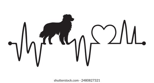 
Heartbeat pulse line with Australian Shepherd dog silhouette - Dog and Cardiogram wave with Heart love T-shirt Design vector