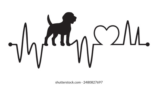 Heartbeat pulse line with Beagle dog silhouette - Dog and Cardiogram wave with Heart love T-shirt Design vector
