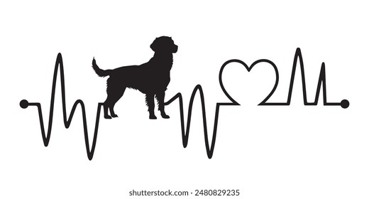 Heartbeat pulse line with Brittany Spaniel dog silhouette - Dog and Cardiogram wave with Heart love T-shirt Design vector