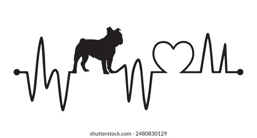 Heartbeat pulse line with Bulldog dog silhouette - Dog and Cardiogram wave with Heart love T-shirt Design vector